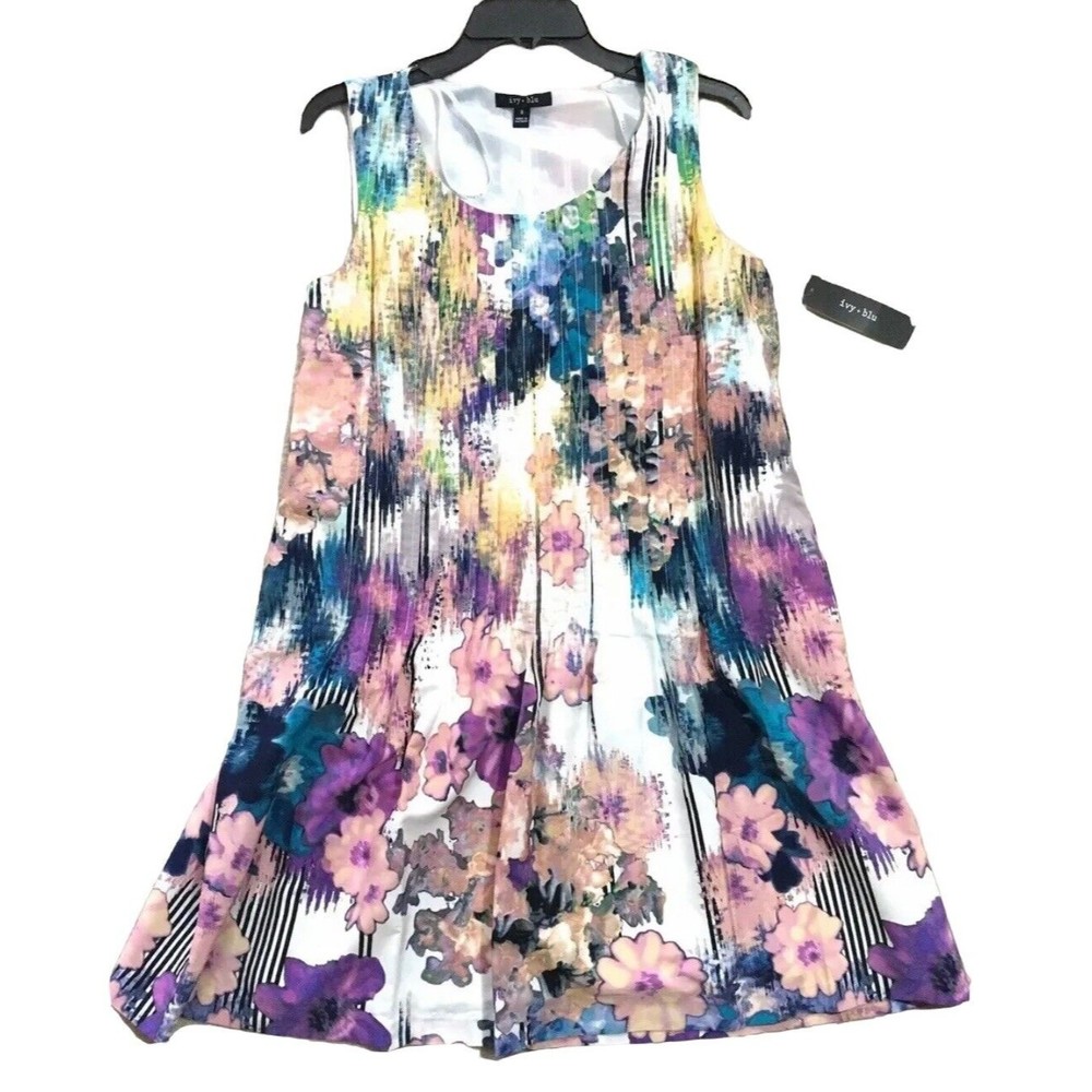Ivy & Blu Sleeveless Shift Dress Graphic Floral Multicolor 8 Medium M NEW Pocket